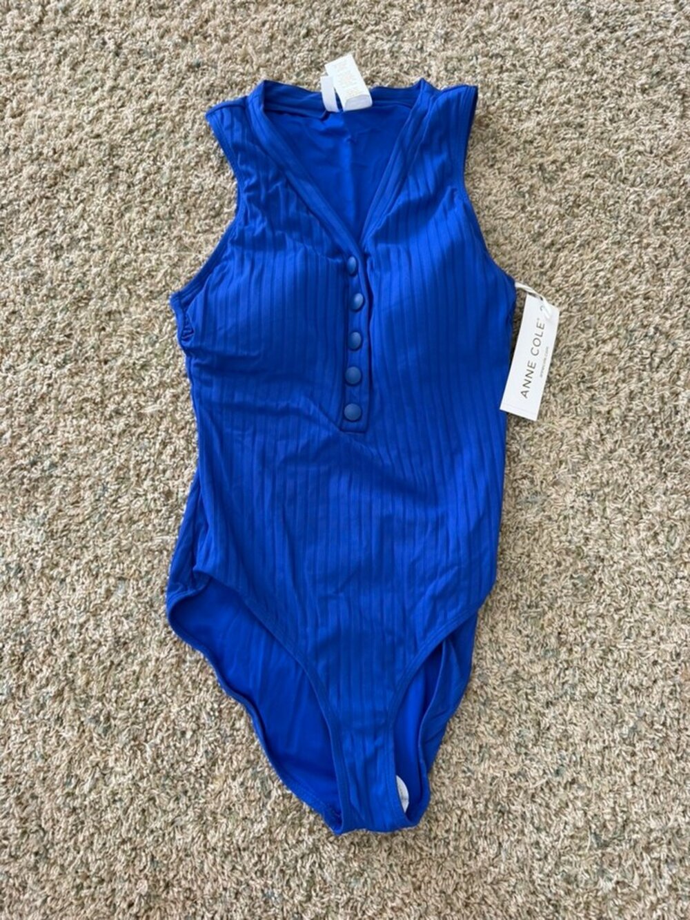 Anne Cole One Pice Ribbed V-Neck Swimsuit Blue Sz 8